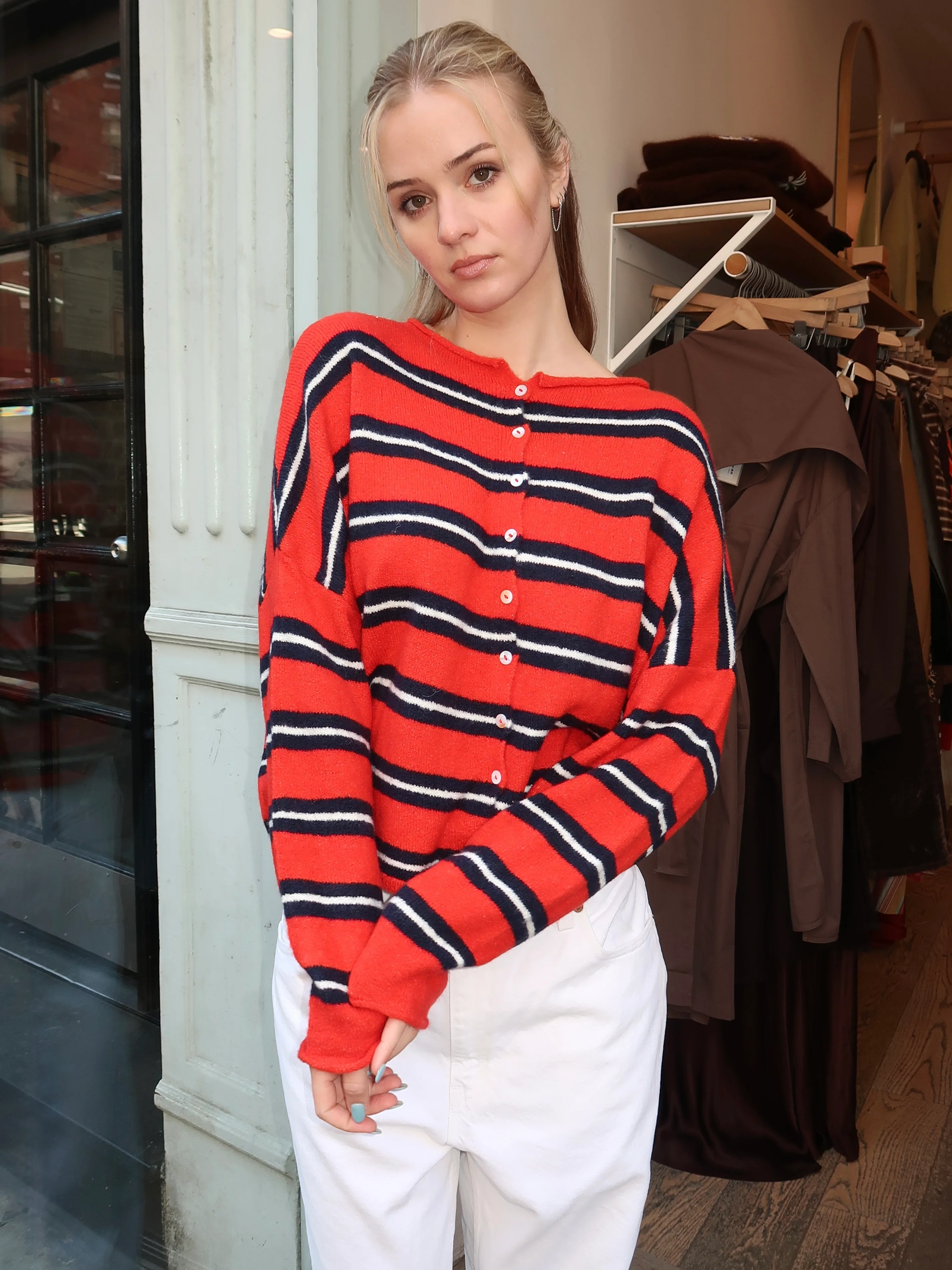 Pisces Button Down Cardigan in Varsity Red Stripe - Image 2