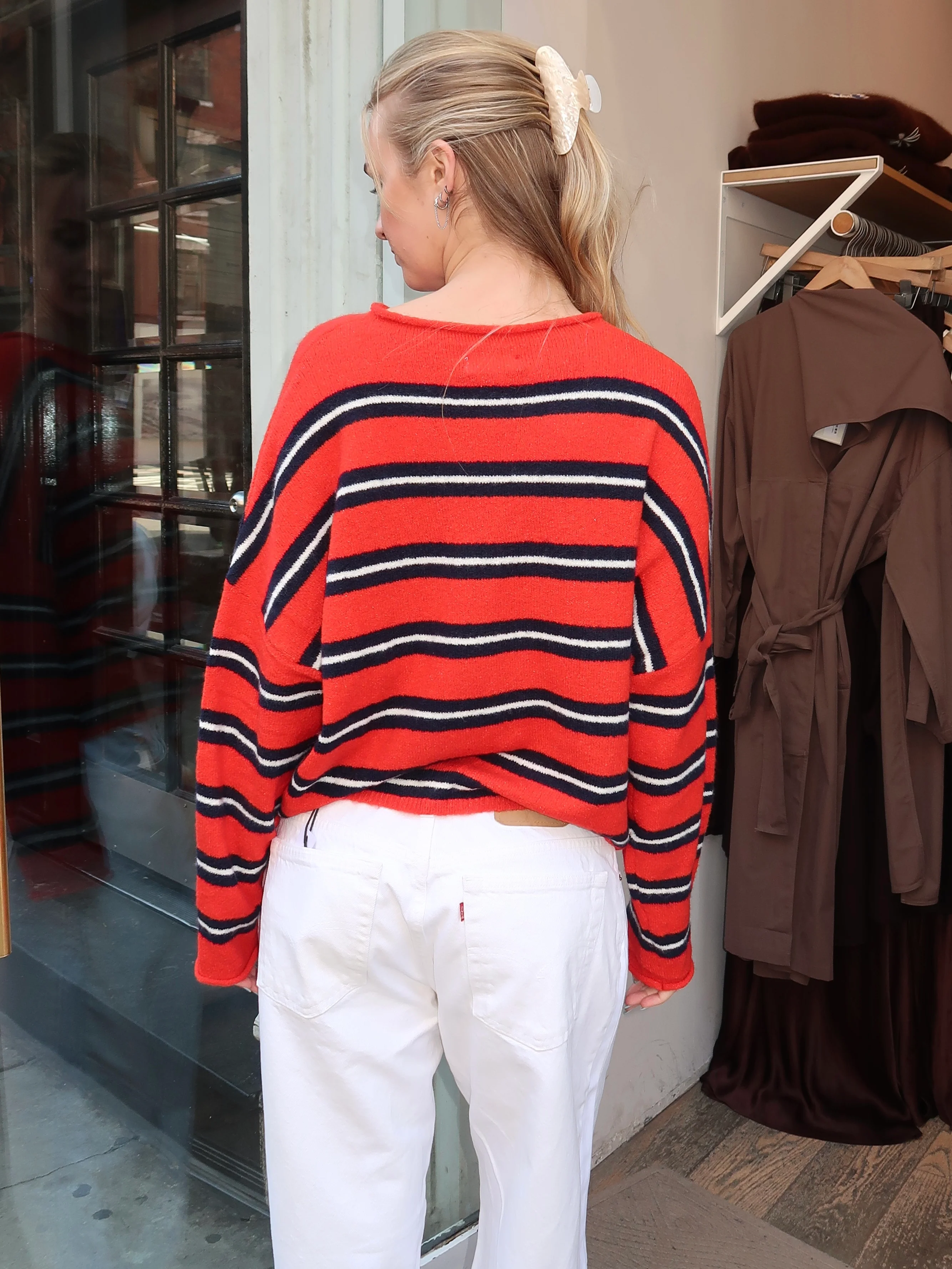 Pisces Button Down Cardigan in Varsity Red Stripe - Image 3