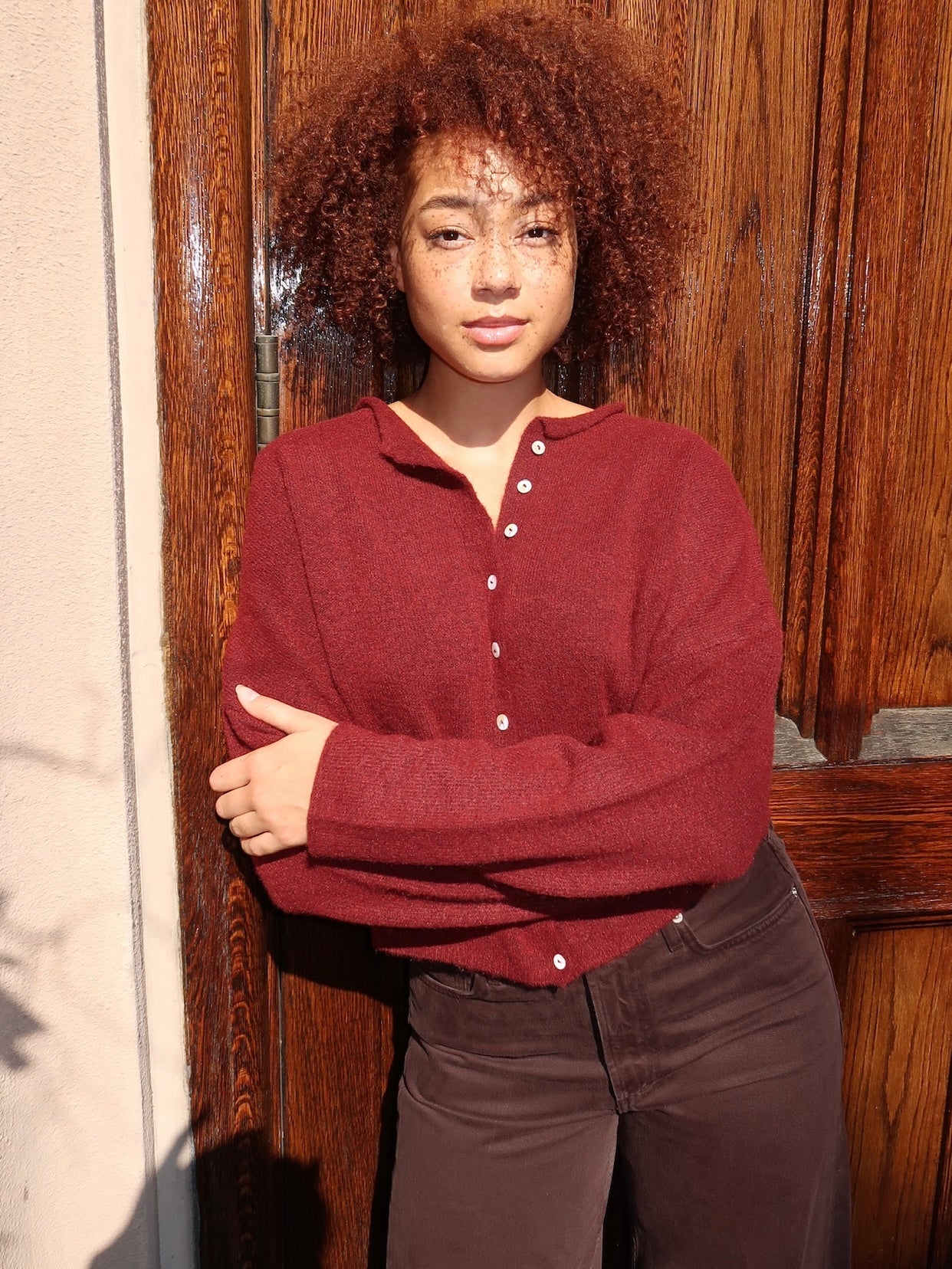 Pisces Button Down Cardigan in Wine - Image 2