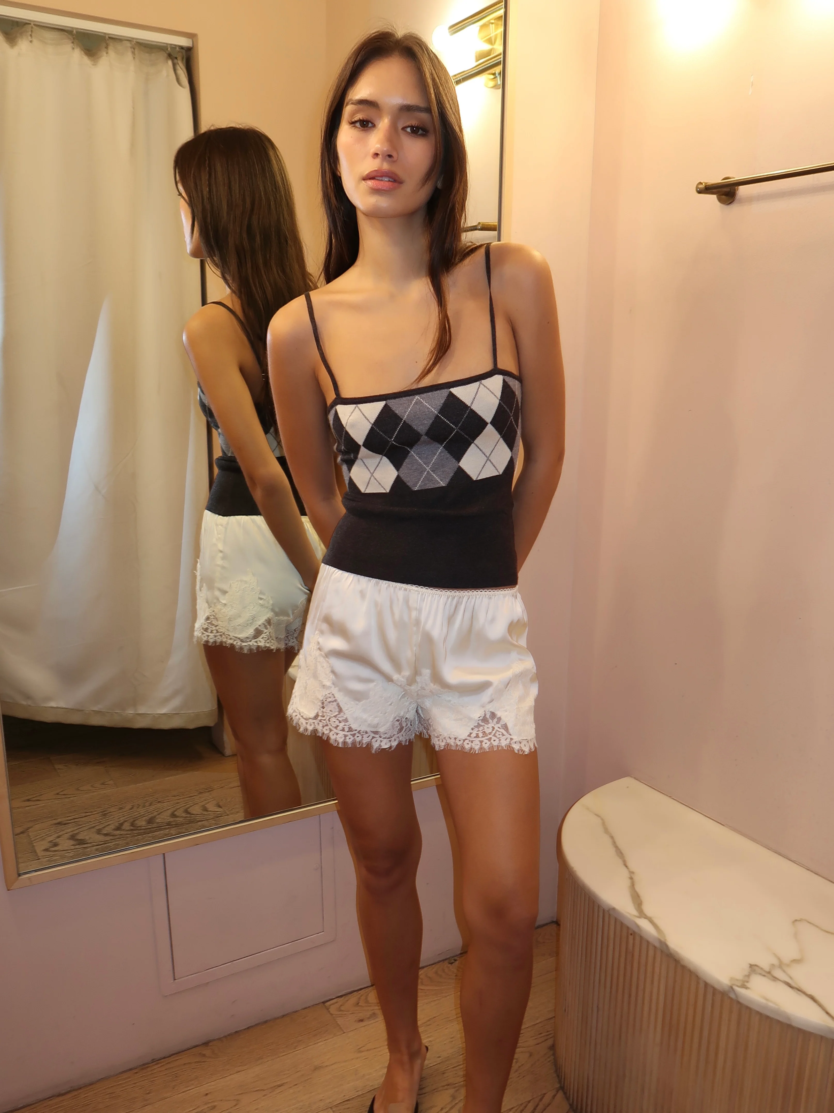 Polly Lace Trim Silky Shorts in Cream - Image 4