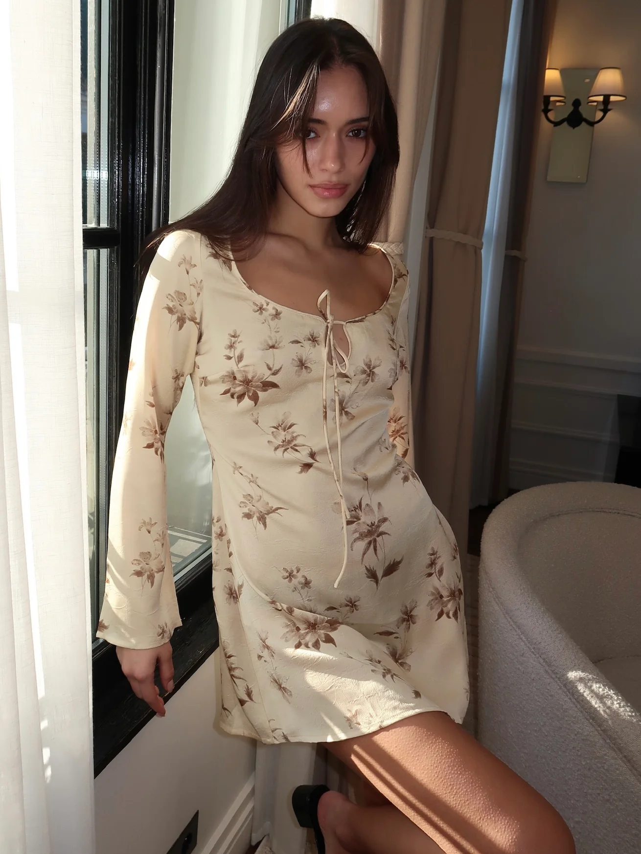 Primrose Long Sleeve Mini Dress in Buttercream - Image 4