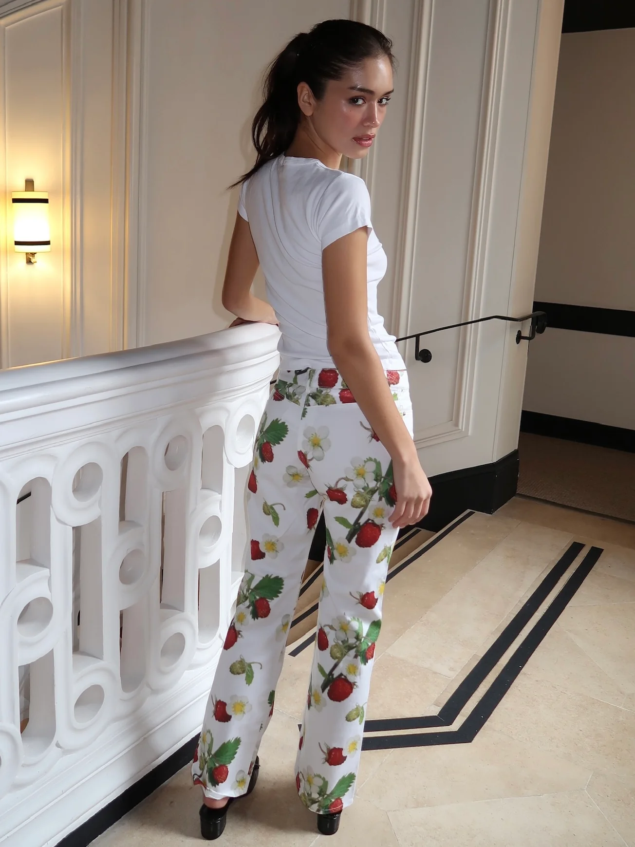 Printed Jeans in White Strawberry Blossom - Image 3