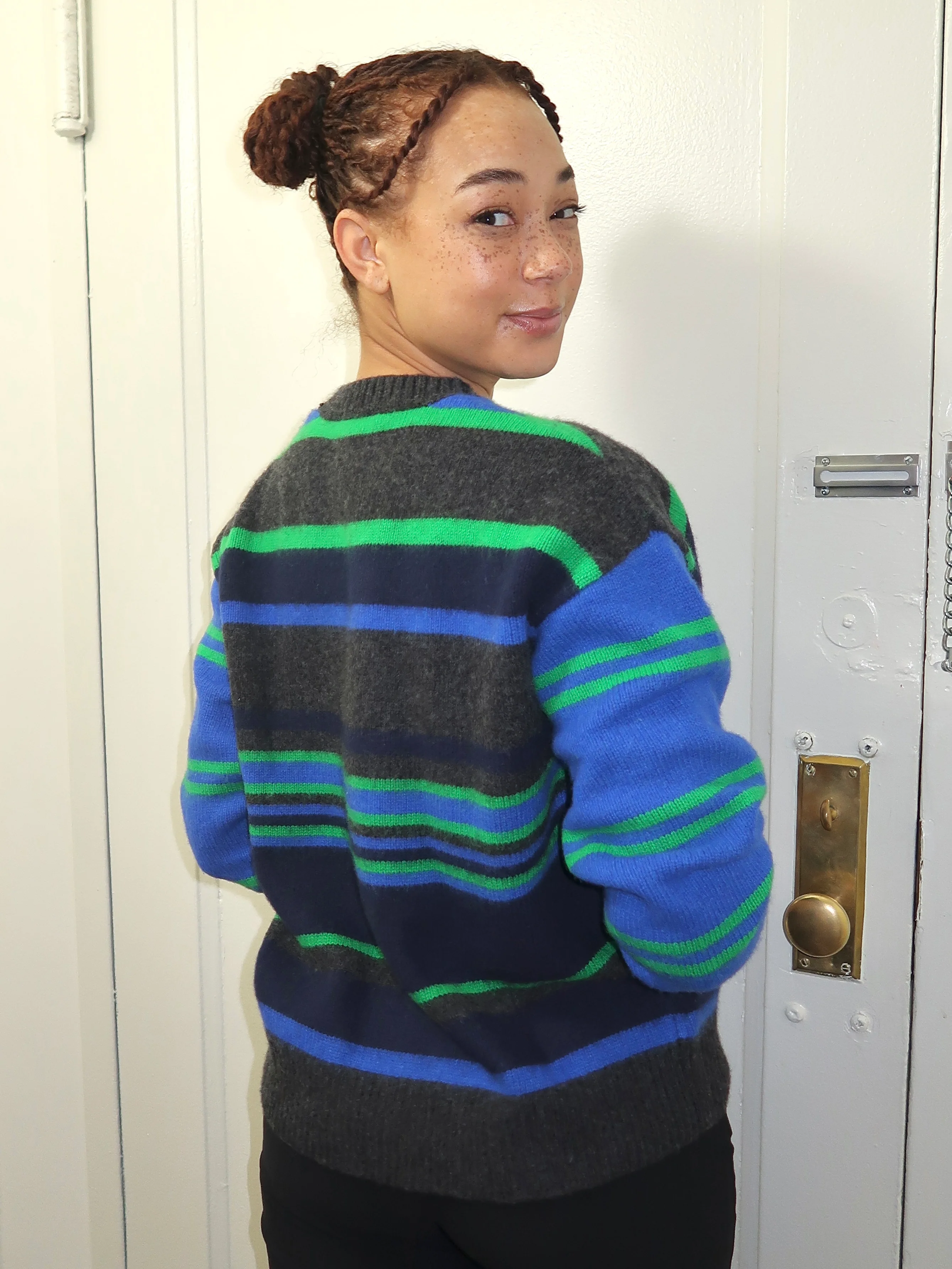 Rene Crew Jumper in Green/Blue Stripe Multi - Image 3