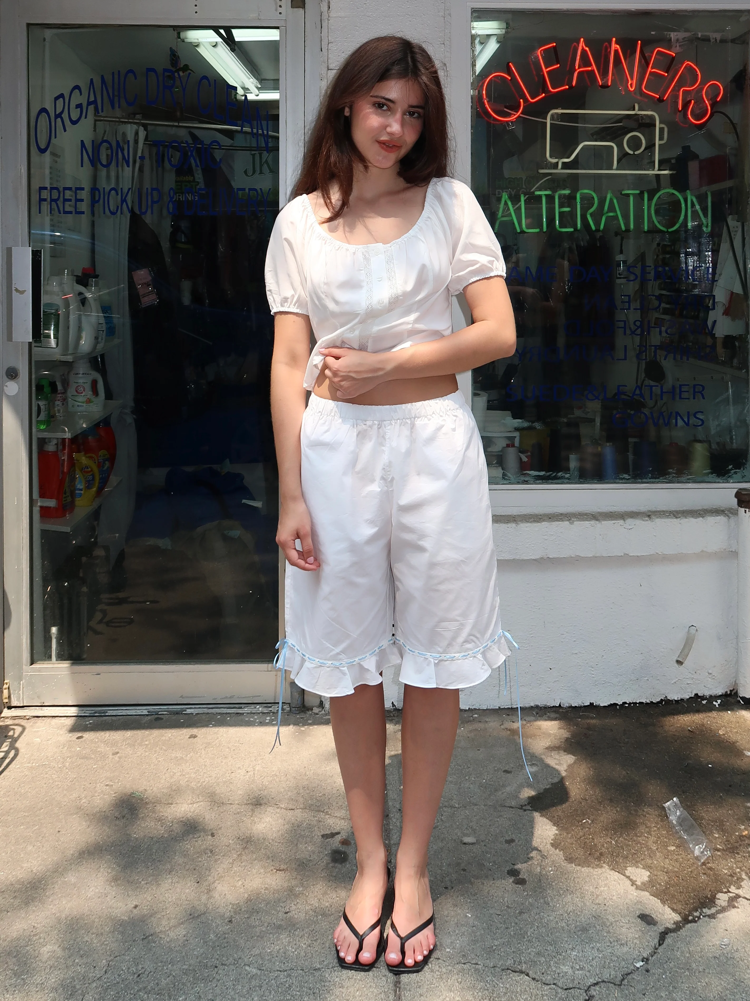 Reyna Long Ruffle Shorts in White - Image 4