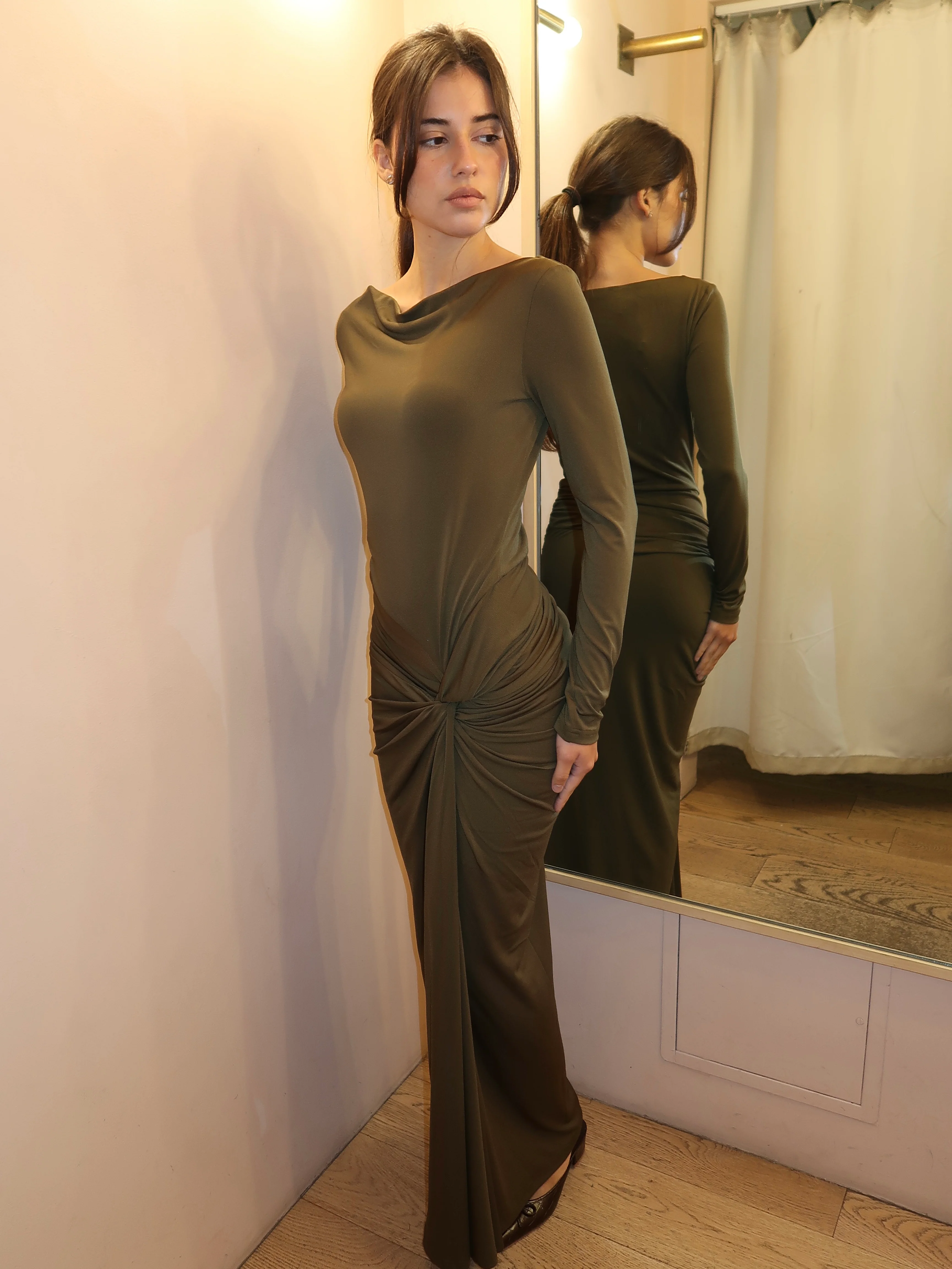 Sarlyn Long Sleeve Maxi Dress in Khaki - Image 2