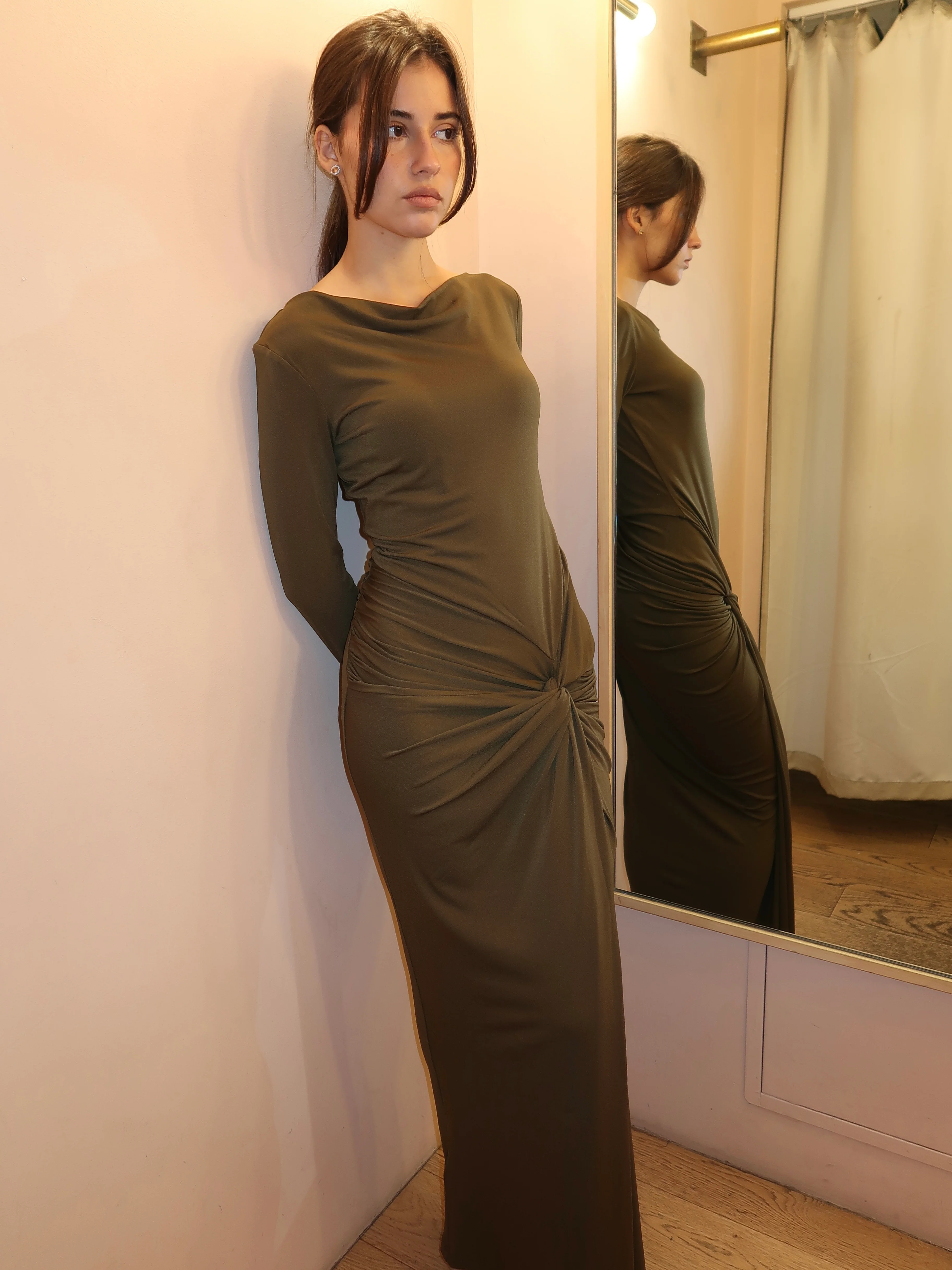 Sarlyn Long Sleeve Maxi Dress in Khaki - Image 4