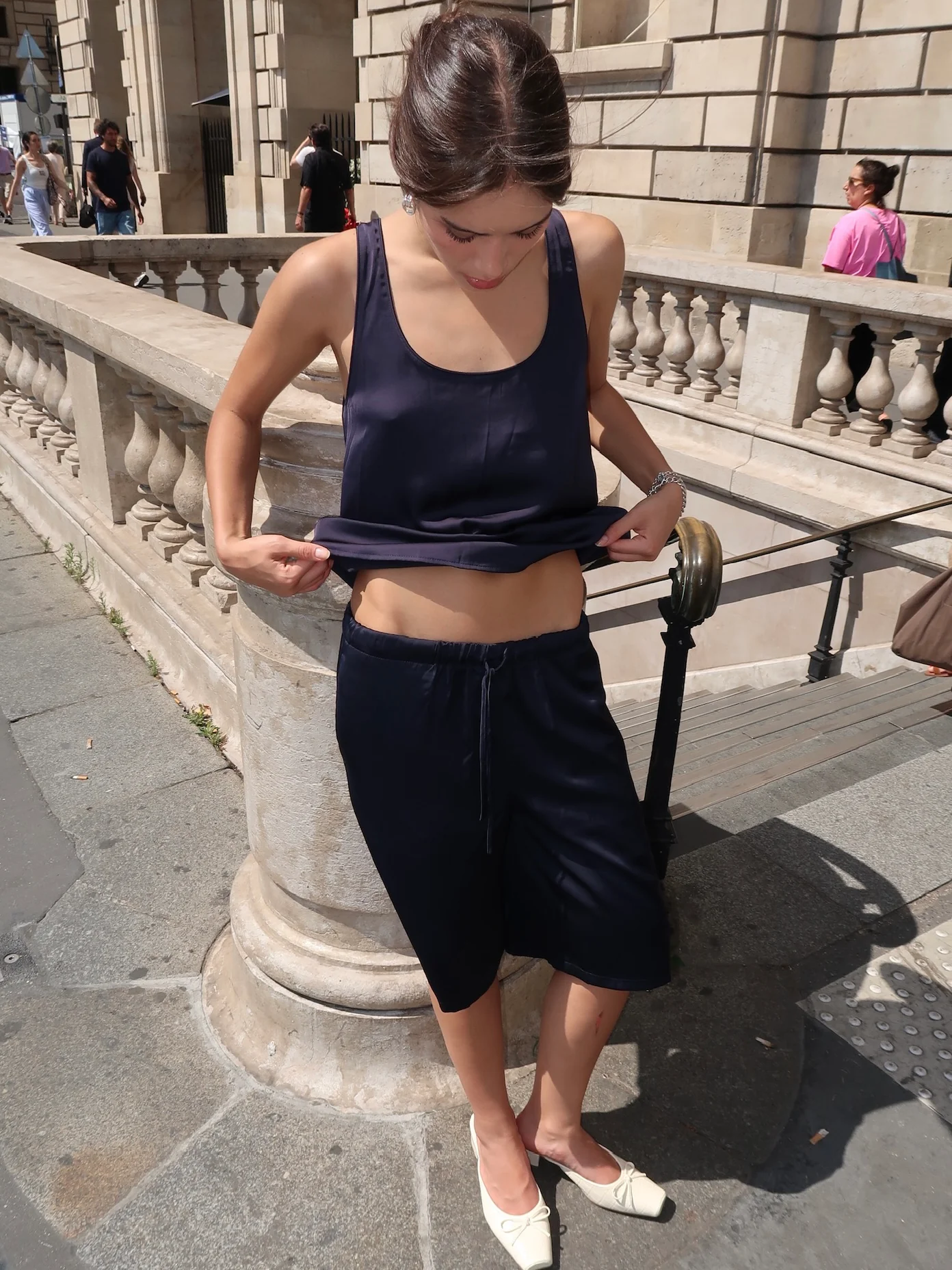 Serena Silky Satin Shorts in Navy - Image 3