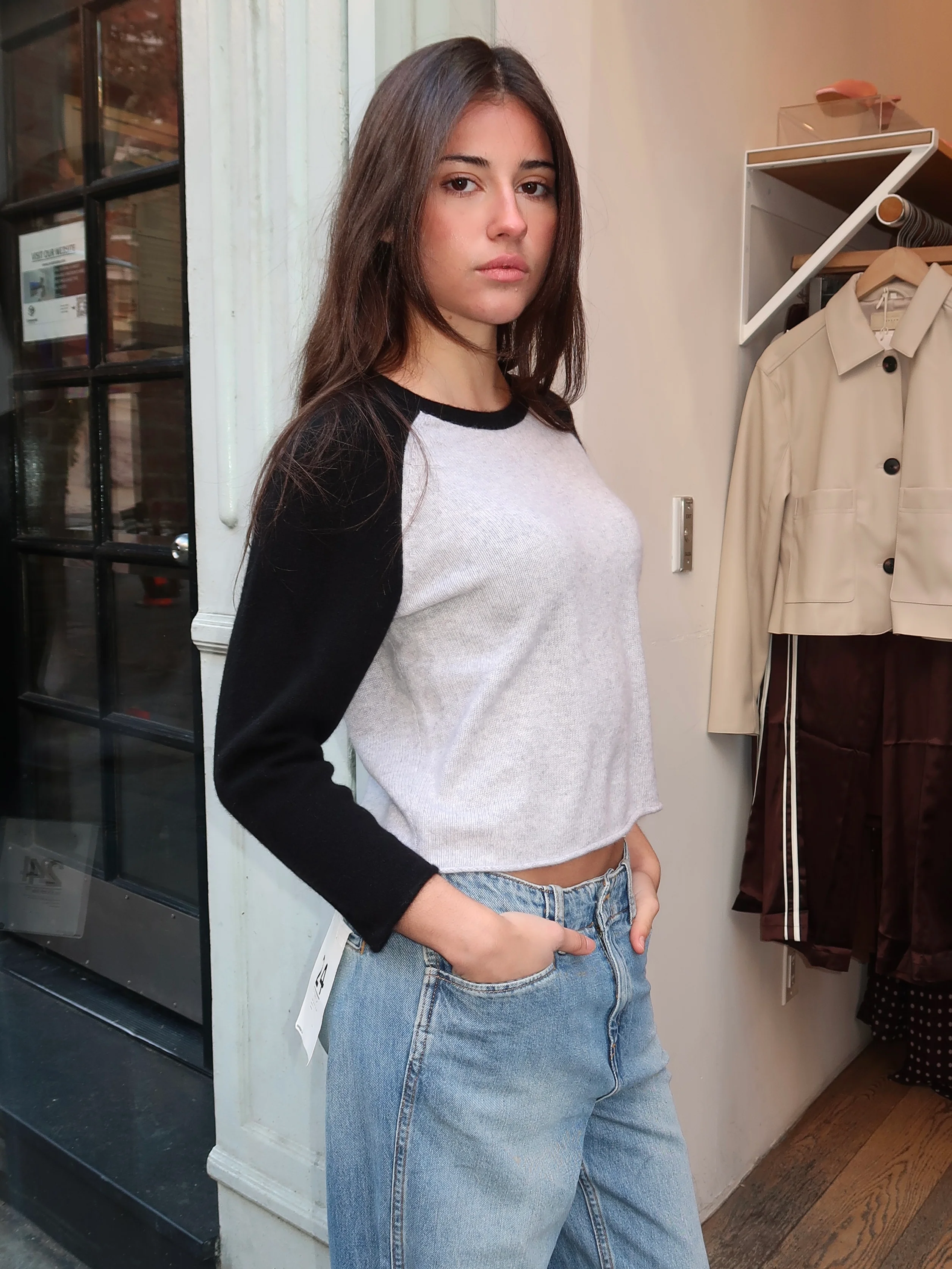 Shrunken Baseball Raglan in Light Heather Grey/Black - Image 2