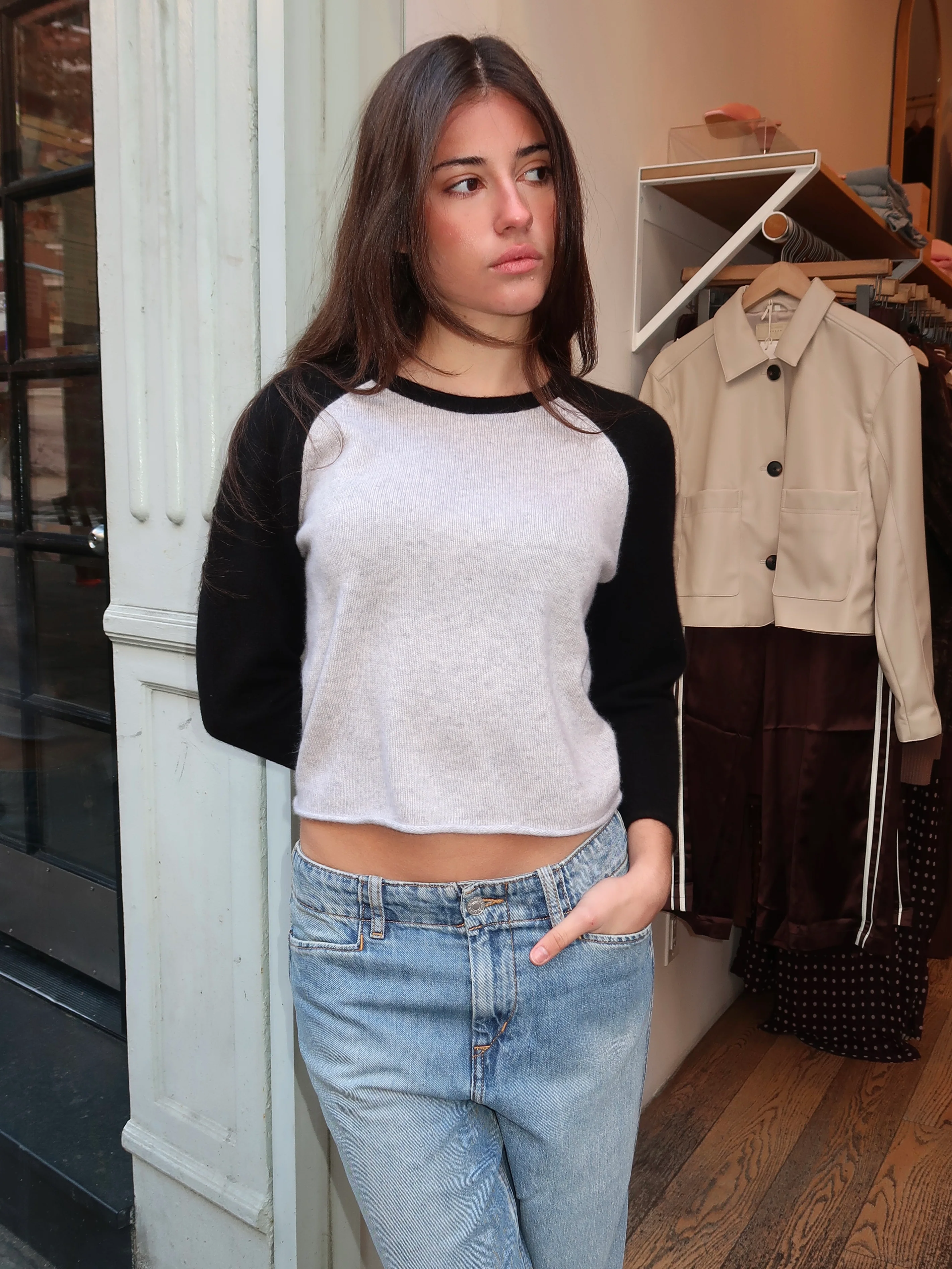 Shrunken Baseball Raglan in Light Heather Grey/Black - Image 4