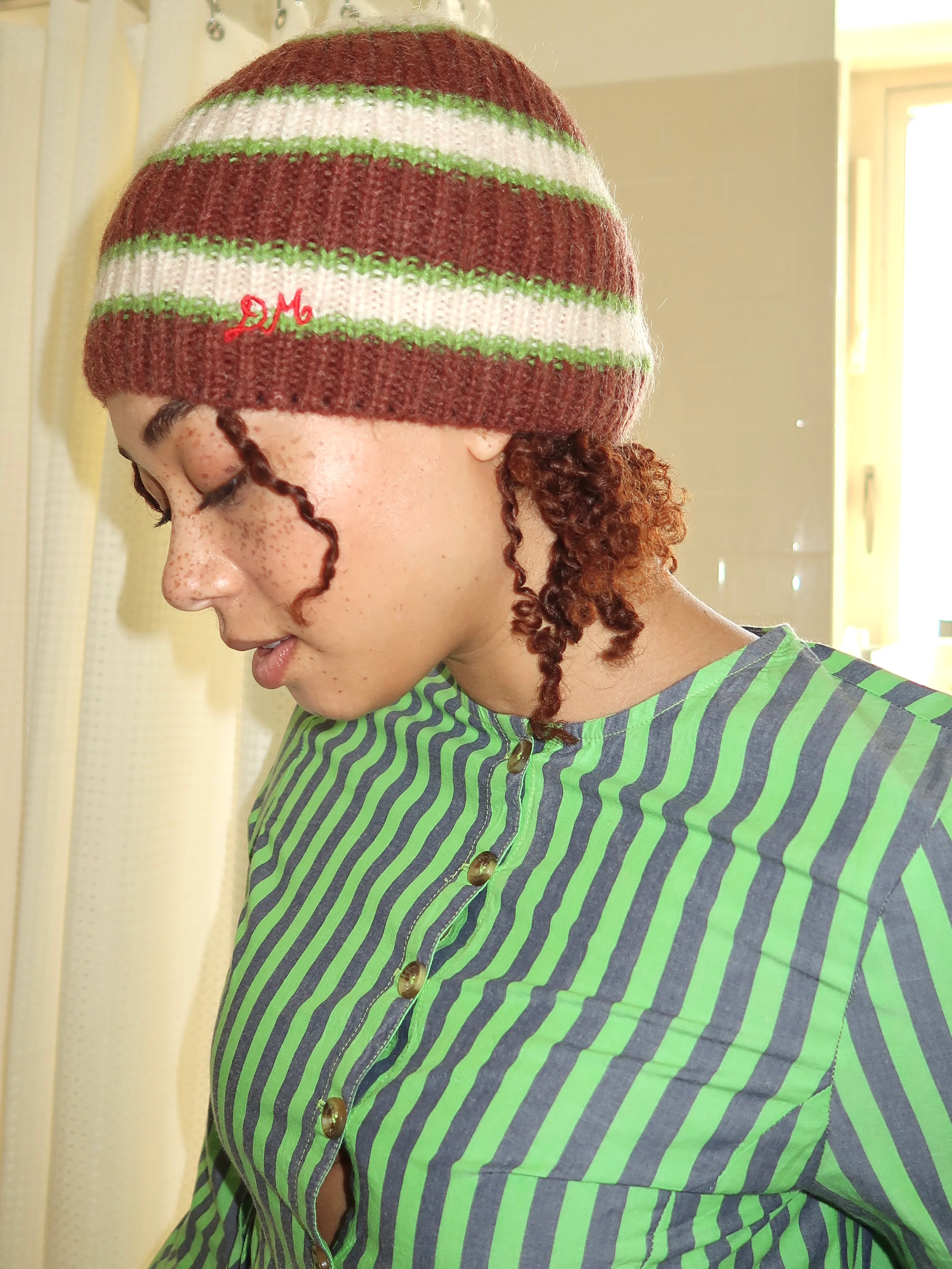 Stripe Beanie in Oat/Burg/Lime Multi