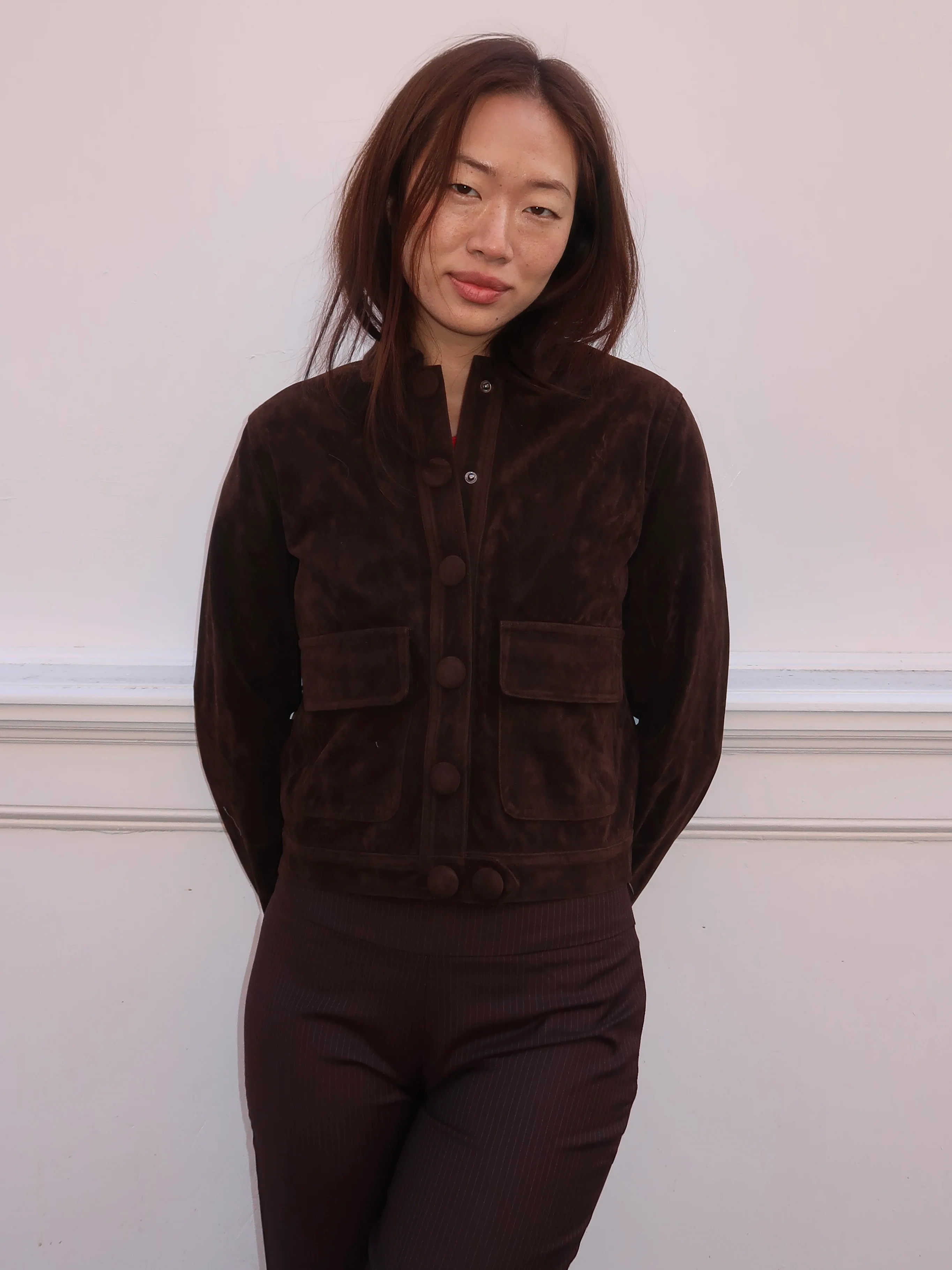Suede Button Up Jacket in Brown