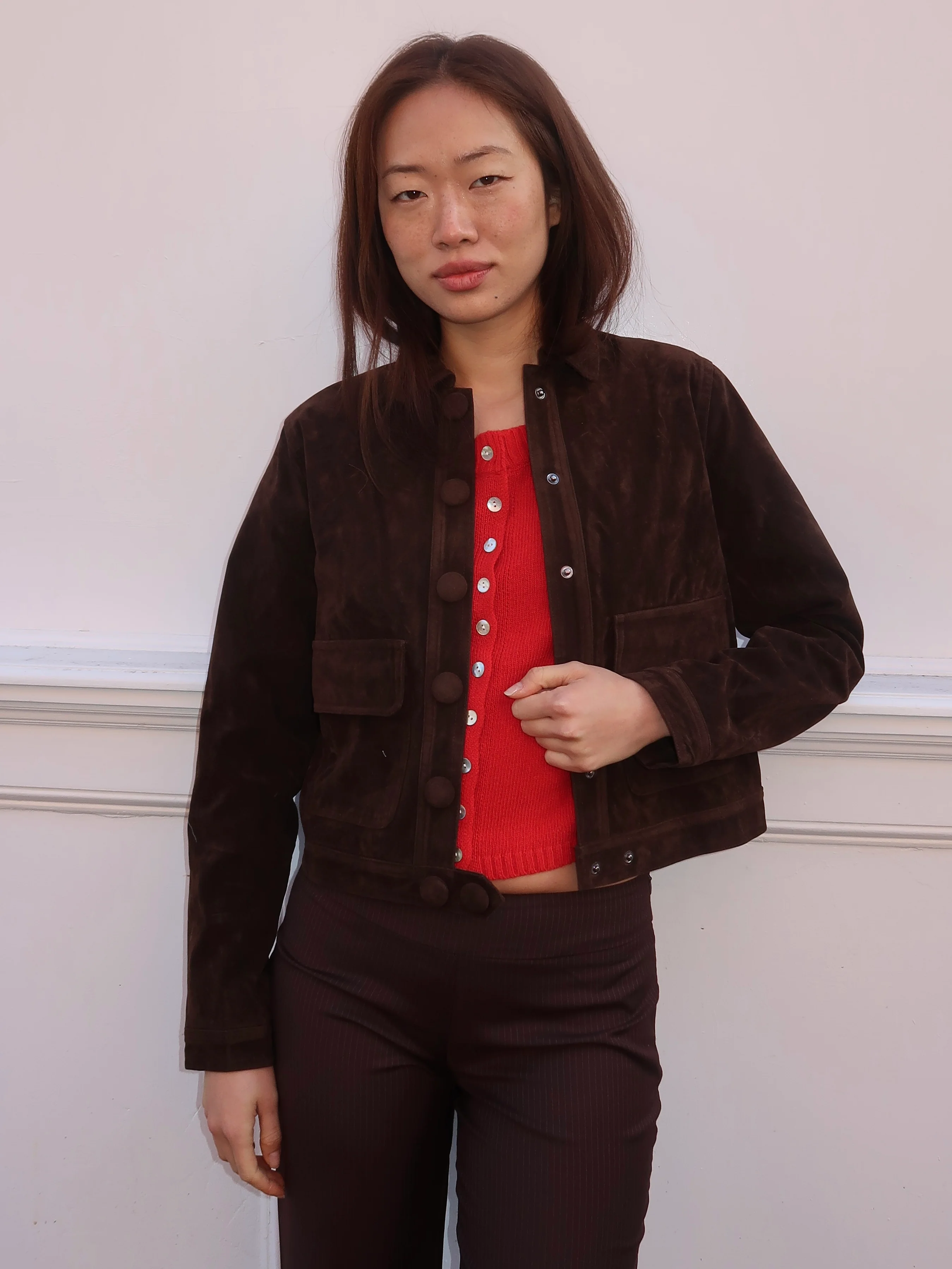 Suede Button Up Jacket in Brown - Image 2