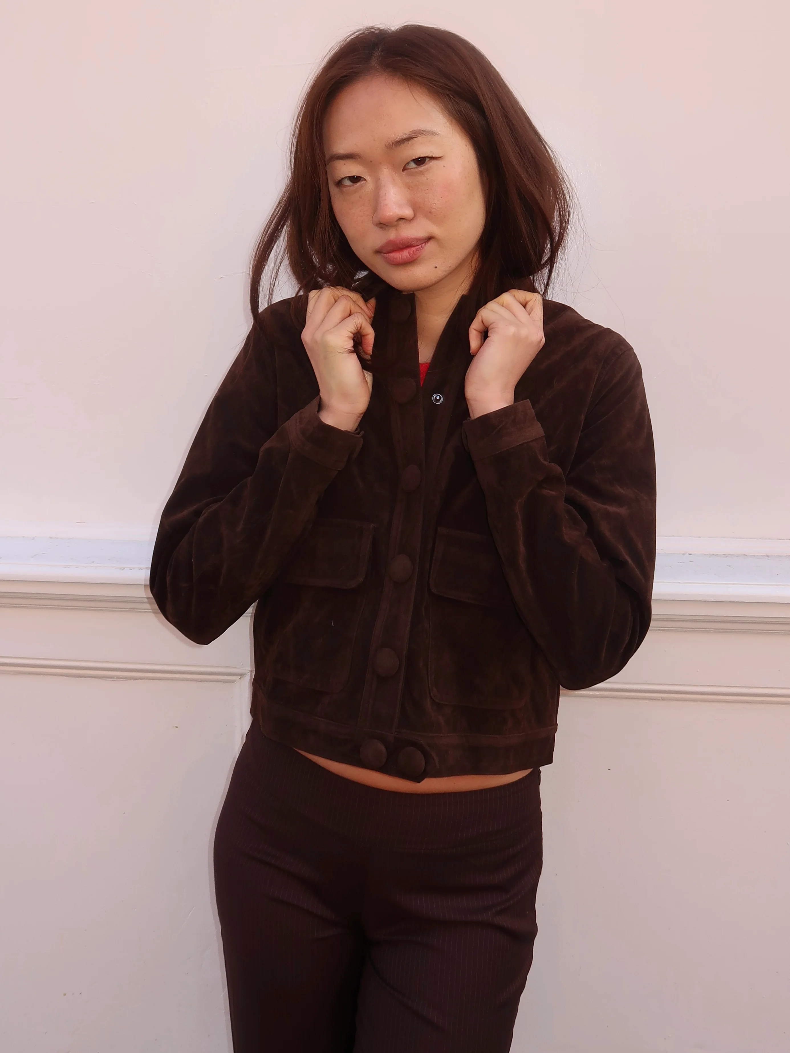Suede Button Up Jacket in Brown - Image 4
