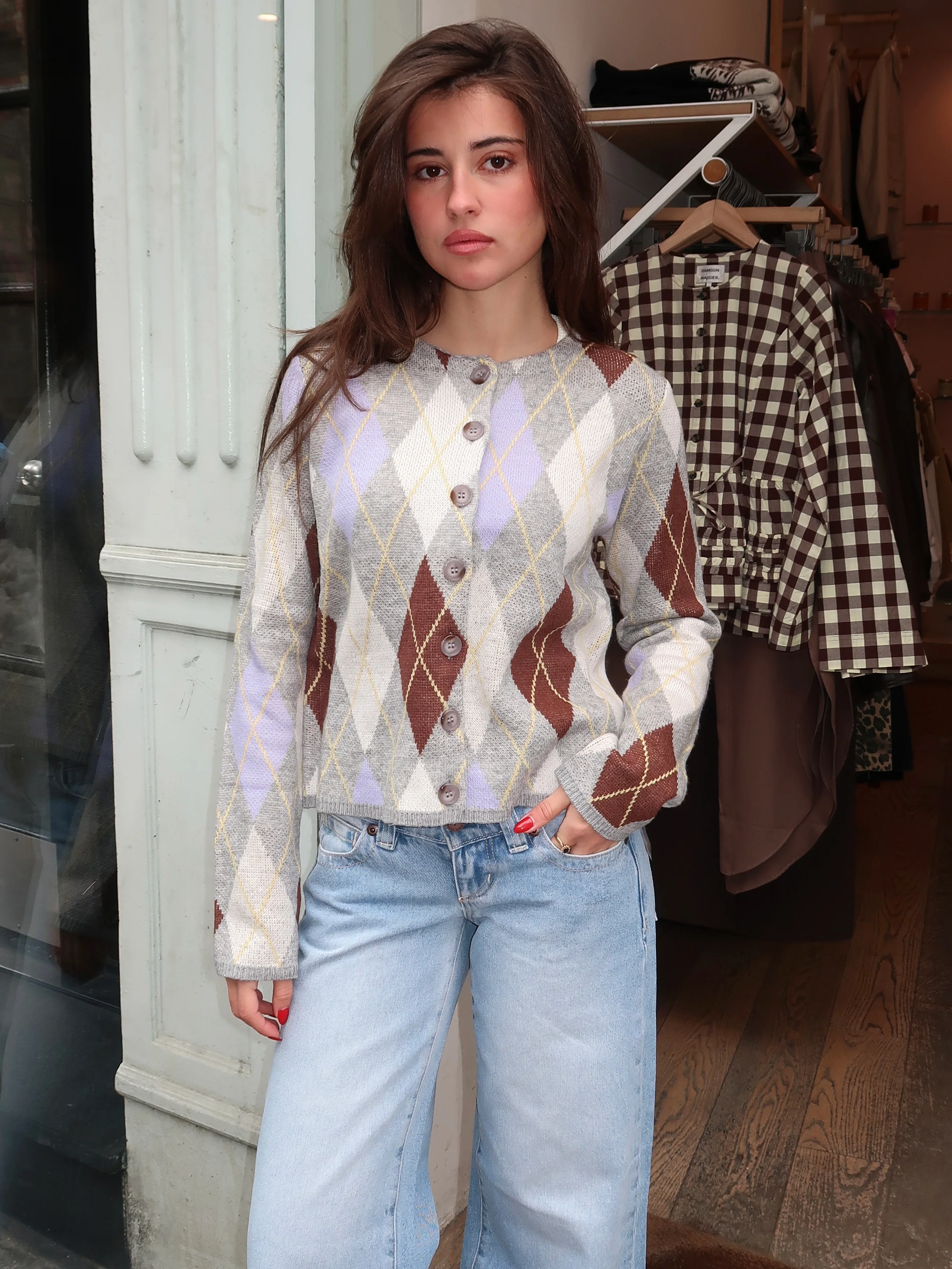 Sunday Cardigan in Grey Argyle Multi - Image 4