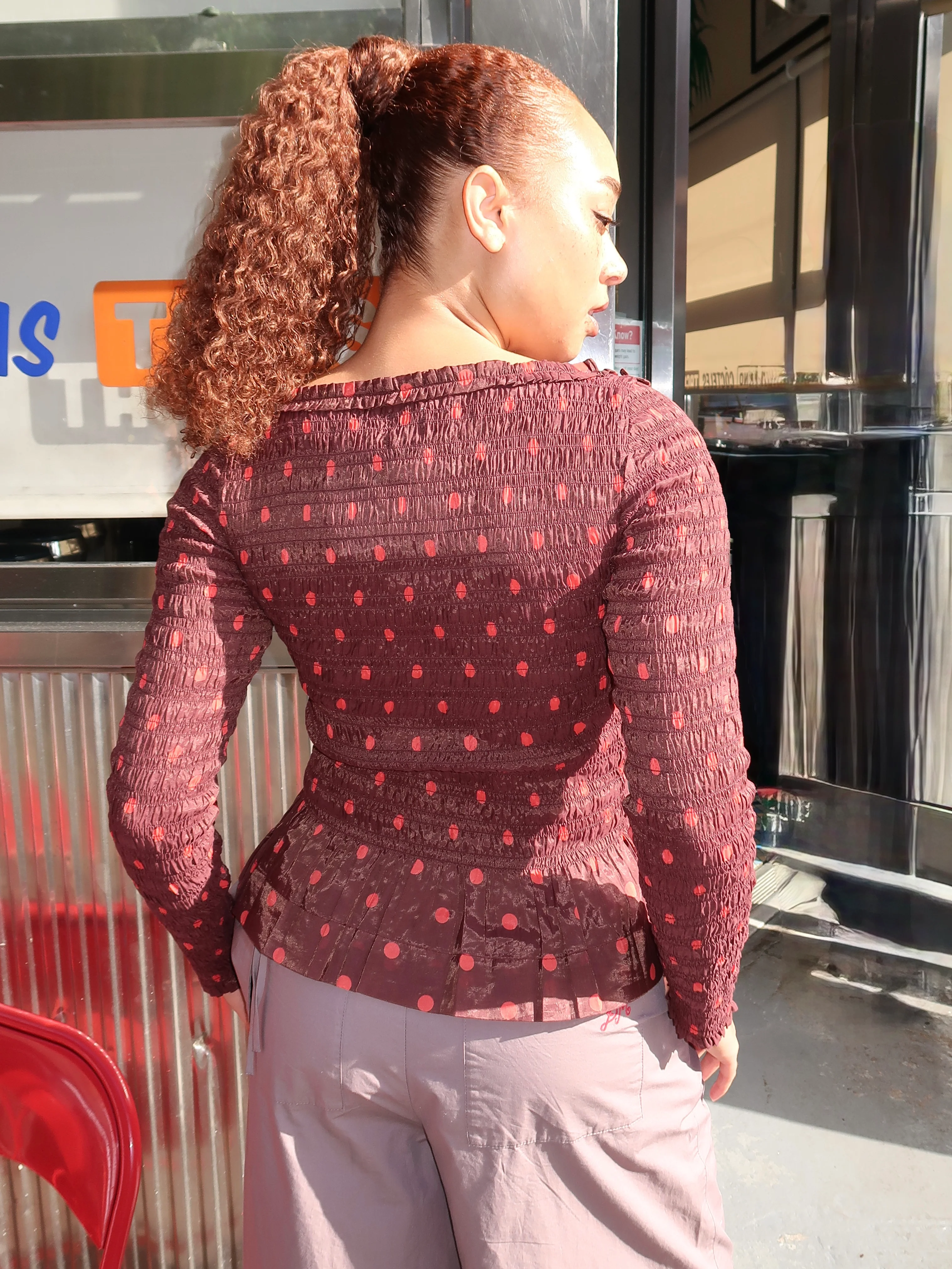 Suri Shirred Sheer Blouse in Burgundy Spot - Image 3