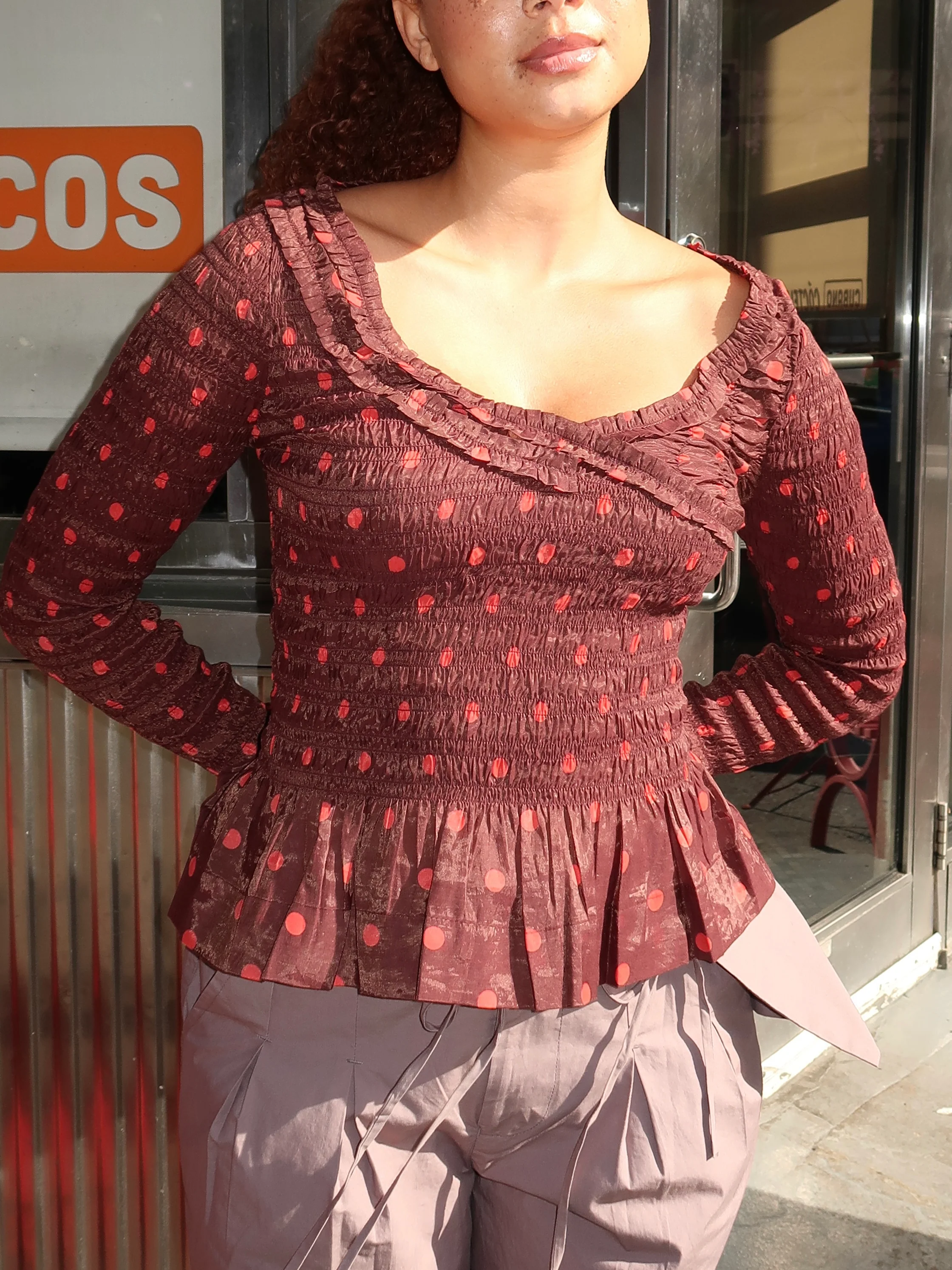 Suri Shirred Sheer Blouse in Burgundy Spot - Image 4