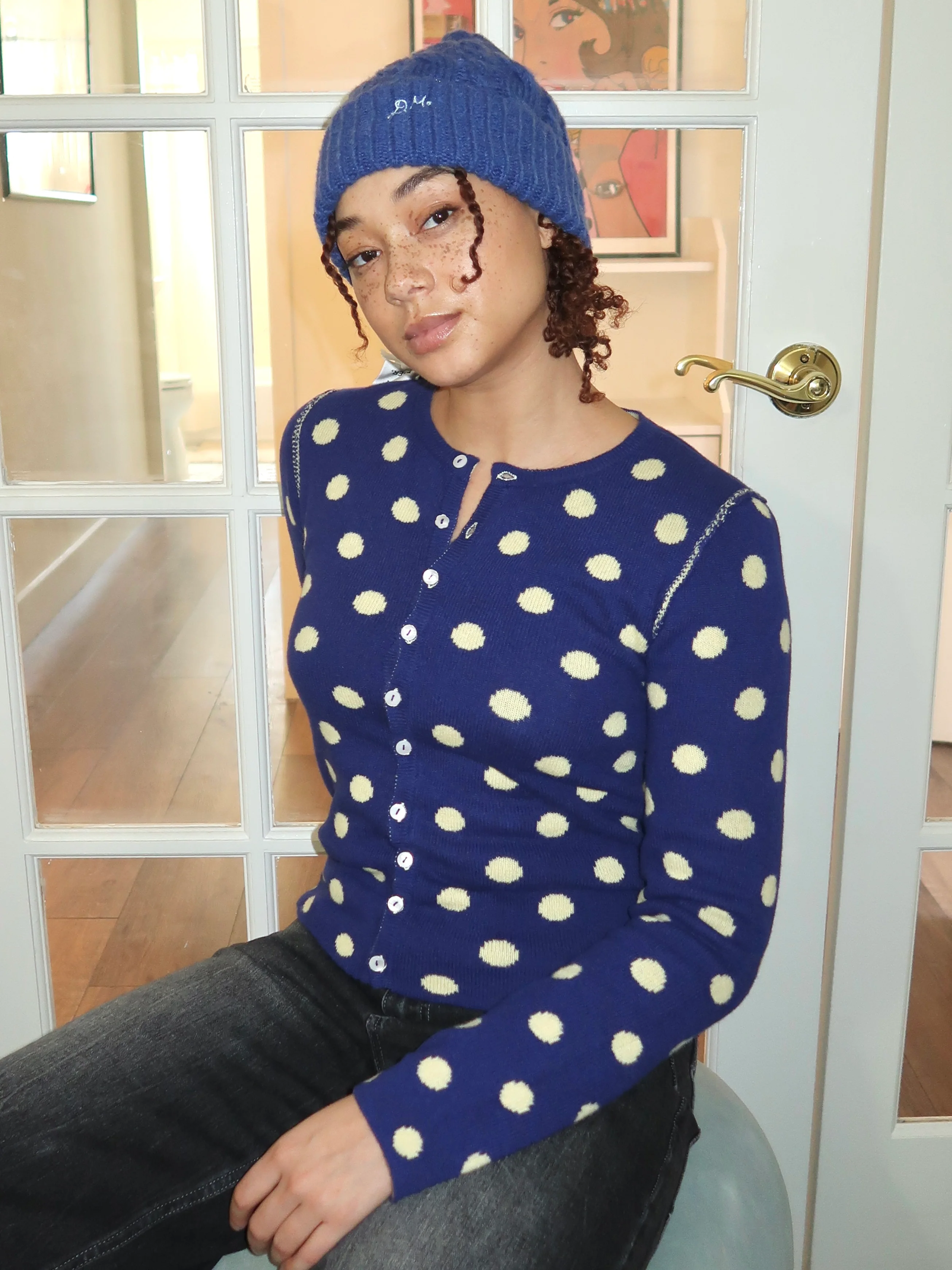 Tabitha Reversible Cardigan in Navy/Butter Spot - Image 4