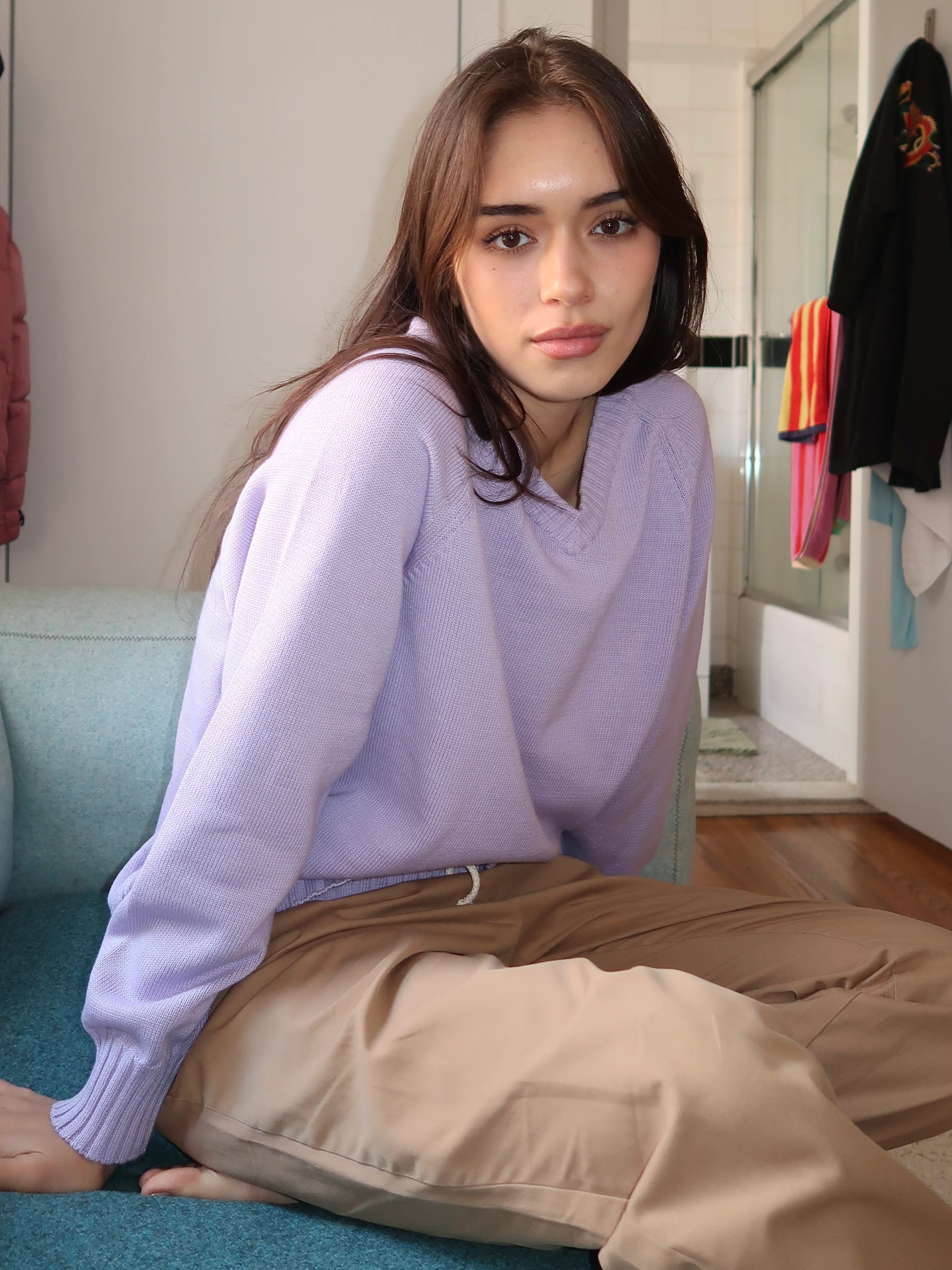 The Cotton Knit V-Neck Sweater in Taro - Image 4