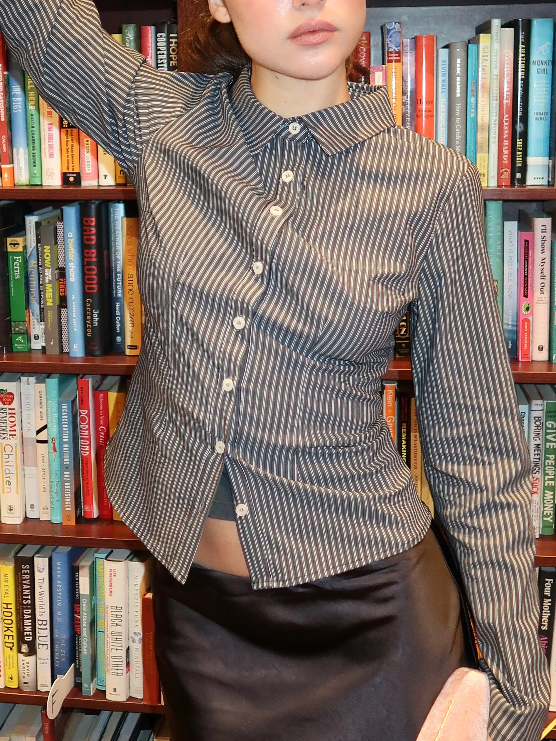 Tova Button Up Top in Grey Pinstripe - Image 4