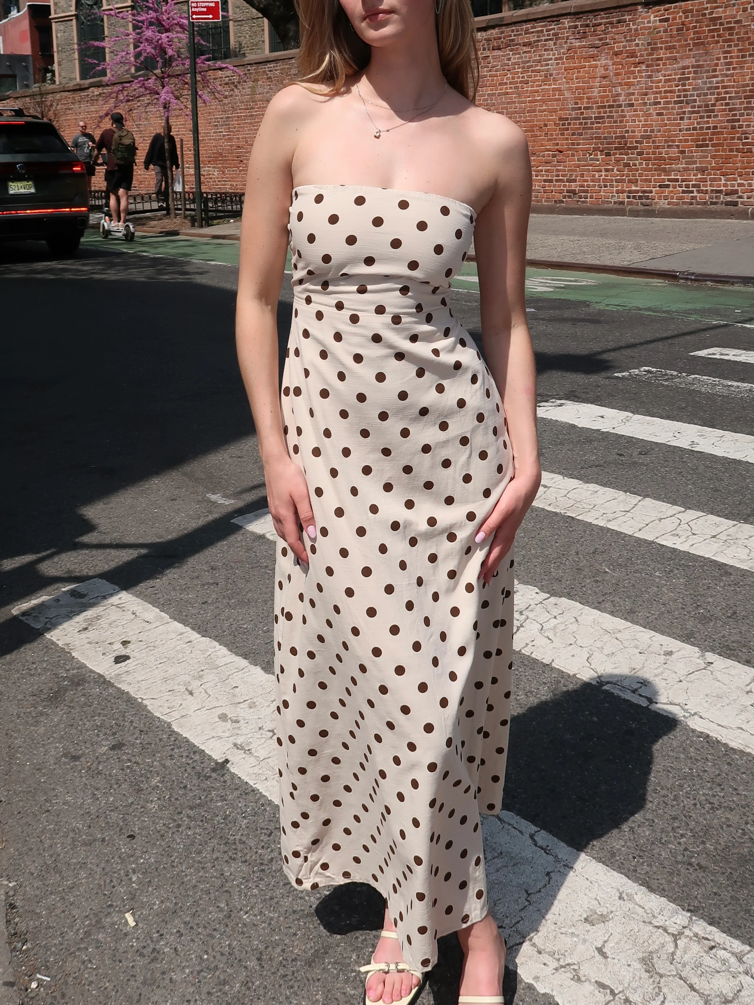 Townes Strapless Dress in Brown Dot - Image 2