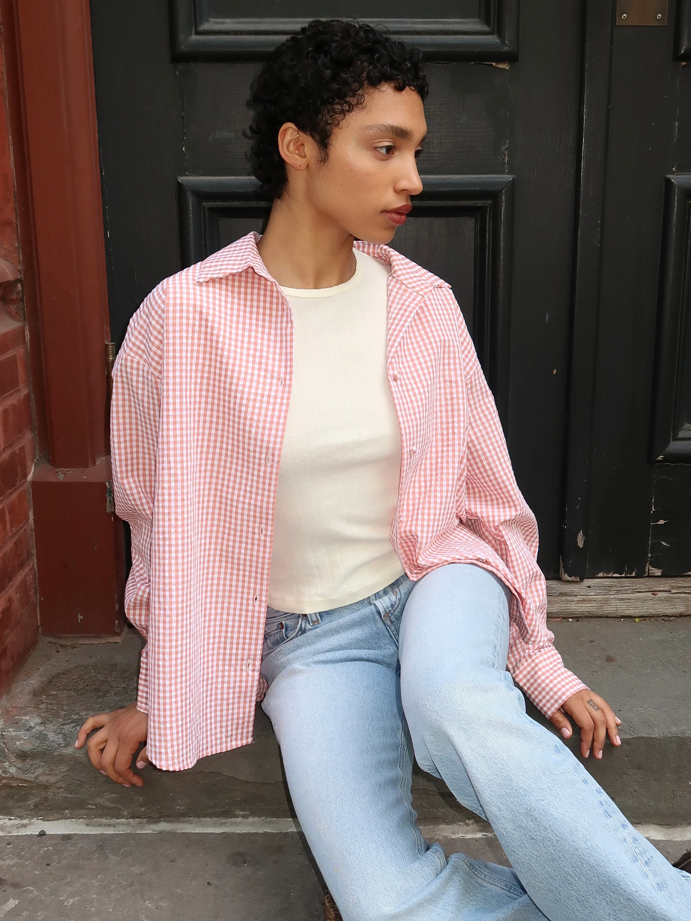 Yulissa Button Down Long Sleeve in Tomato Gingham - Image 4